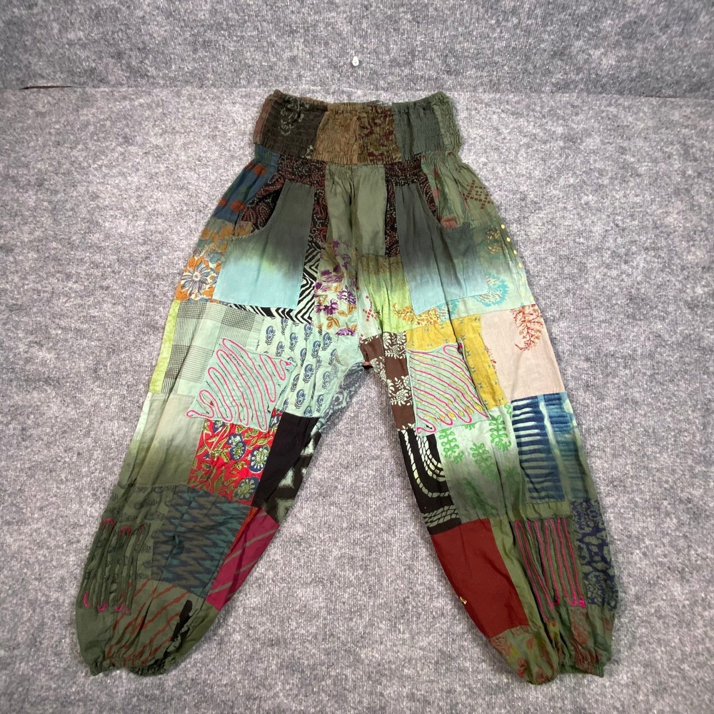 Boho Patchwork Harem Pants Women Green Multicolor Cotton Smocked Waist India